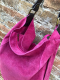 FUCHSIA Slouch leather bag, 2 straps: 1 leather + 1 guitar strap. Hot pink hobo bag. Soft genuine suede leather shopper. Book, tablet bag.