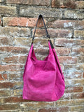 FUCHSIA Slouch leather bag, 2 straps: 1 leather + 1 guitar strap. Hot pink hobo bag. Soft genuine suede leather shopper. Book, tablet bag.