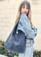 Slouch bag.Large TOTE leather bag in blue with ZIPPER. Soft suede genuine leather bag. Boho book, tablet or laptop bag. Blue suede shopper