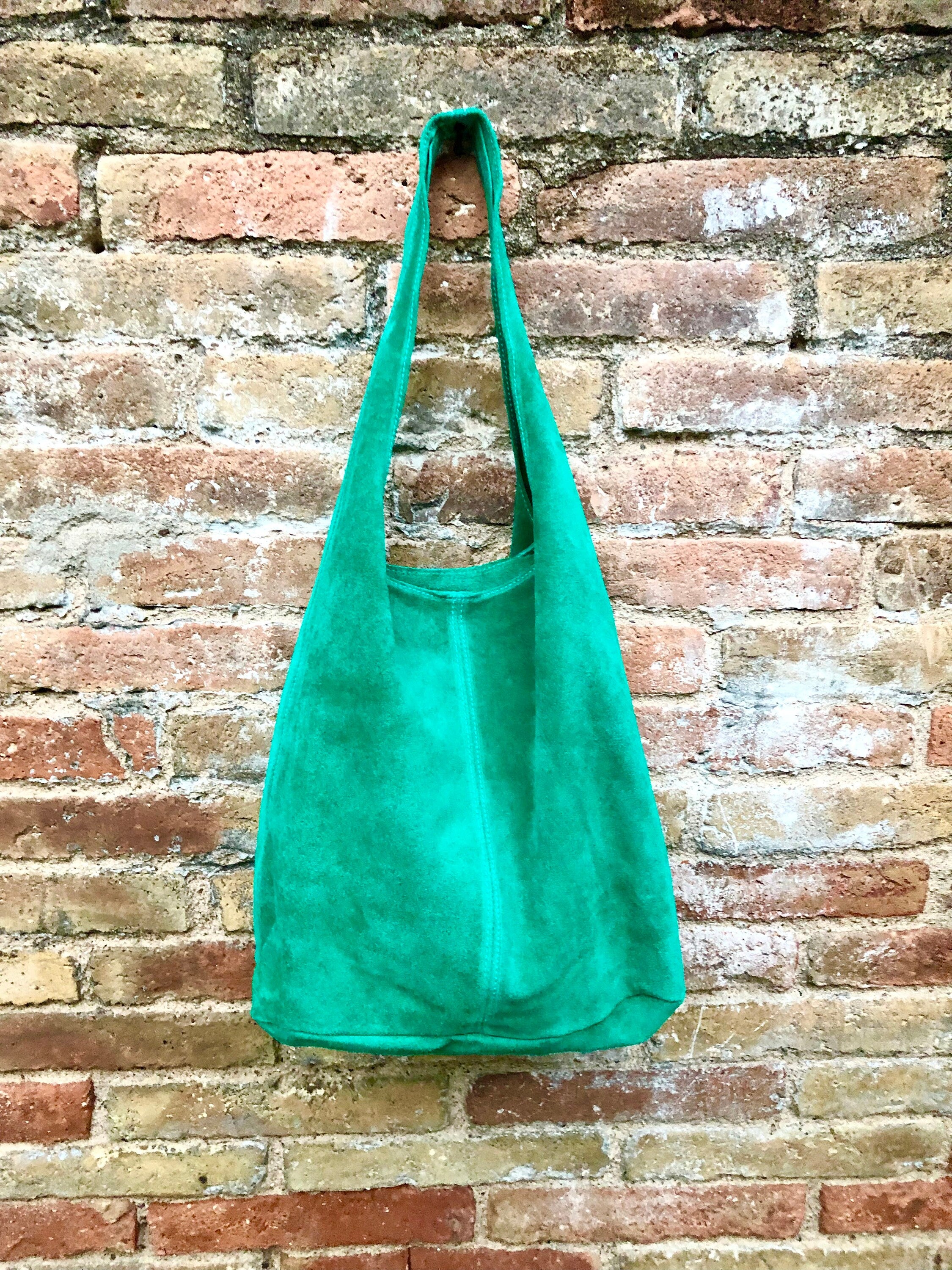 Large TOTE leather bag in GREEN with ZIPPER. Soft natural suede genuine leather shopper. Bohemian bag. Green suede slouch bag. Carry all bag