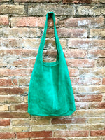 Large TOTE leather bag in GREEN with ZIPPER. Soft natural suede genuine leather shopper. Bohemian bag. Green suede slouch bag. Carry all bag