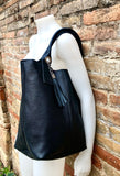 BLACK tote leather shopper in GENUINE leather. Large carry all tote bag for your laptop, books. Leather shopper w/ lining + zipper