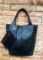 BLACK tote leather shopper in GENUINE leather. Large carry all tote bag for your laptop, books. Leather shopper w/ lining + zipper