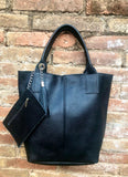 BLACK tote leather shopper in GENUINE leather. Large carry all tote bag for your laptop, books. Leather shopper w/ lining + zipper