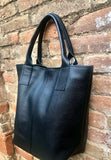 BLACK tote leather shopper in GENUINE leather. Large carry all tote bag for your laptop, books. Leather shopper w/ lining + zipper