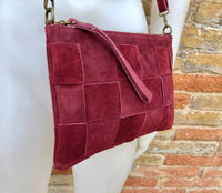 Burgundy leather bag. 2 straps: 1 embroidered guitar strap + 1 suede. Genuine leather cross body / shoulder bag. Small wine red suede purse