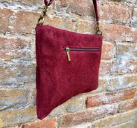 Burgundy leather bag. 2 straps: 1 embroidered guitar strap + 1 suede. Genuine leather cross body / shoulder bag. Small wine red suede purse