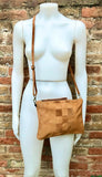 Camel brown suede leather bag . Cross body or shoulder bag in GENUINE leather. Small saddle brown SUEDE purse + adjustable strap and zipper