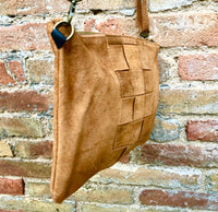 Camel brown suede leather bag . Cross body or shoulder bag in GENUINE leather. Small saddle brown SUEDE purse + adjustable strap and zipper