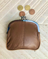 Retro purse in genuine leather. Small vintage style wallet for coins + separate zipper for cards. Metallic frame grandma kiss lock purse.