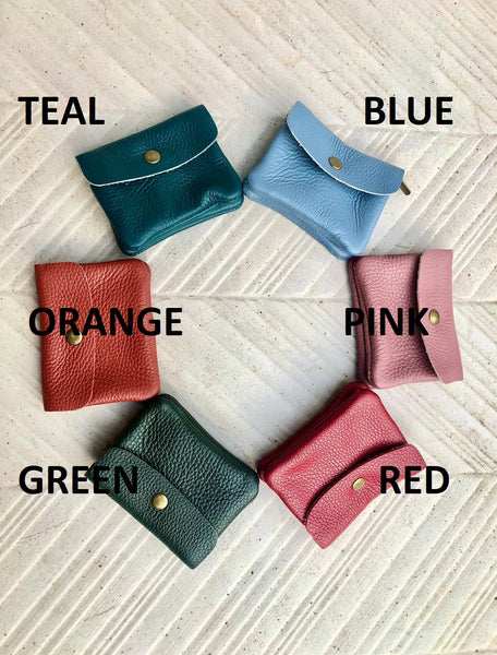 Small coin purse in genuine leather with 3 pockets, zipper and flap. Fits credit cards, coins, bills. Retro style soft leather wallet.