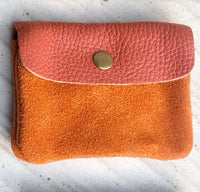 Small coin purse in genuine leather with 3 pockets, zipper and flap. Fits credit cards, coins, bills. Retro style soft leather wallet.