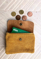 Small coin purse in genuine leather with 3 pockets, zipper and flap. Fits credit cards, coins, bills. Retro style soft leather wallet.