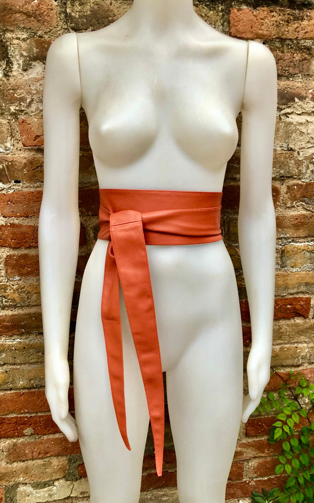 Orange obi belt. Wrap belt in soft genuine leather. Wraparound waist belt. Wide style. Boho dress belt in orange leather. Orange dress belt