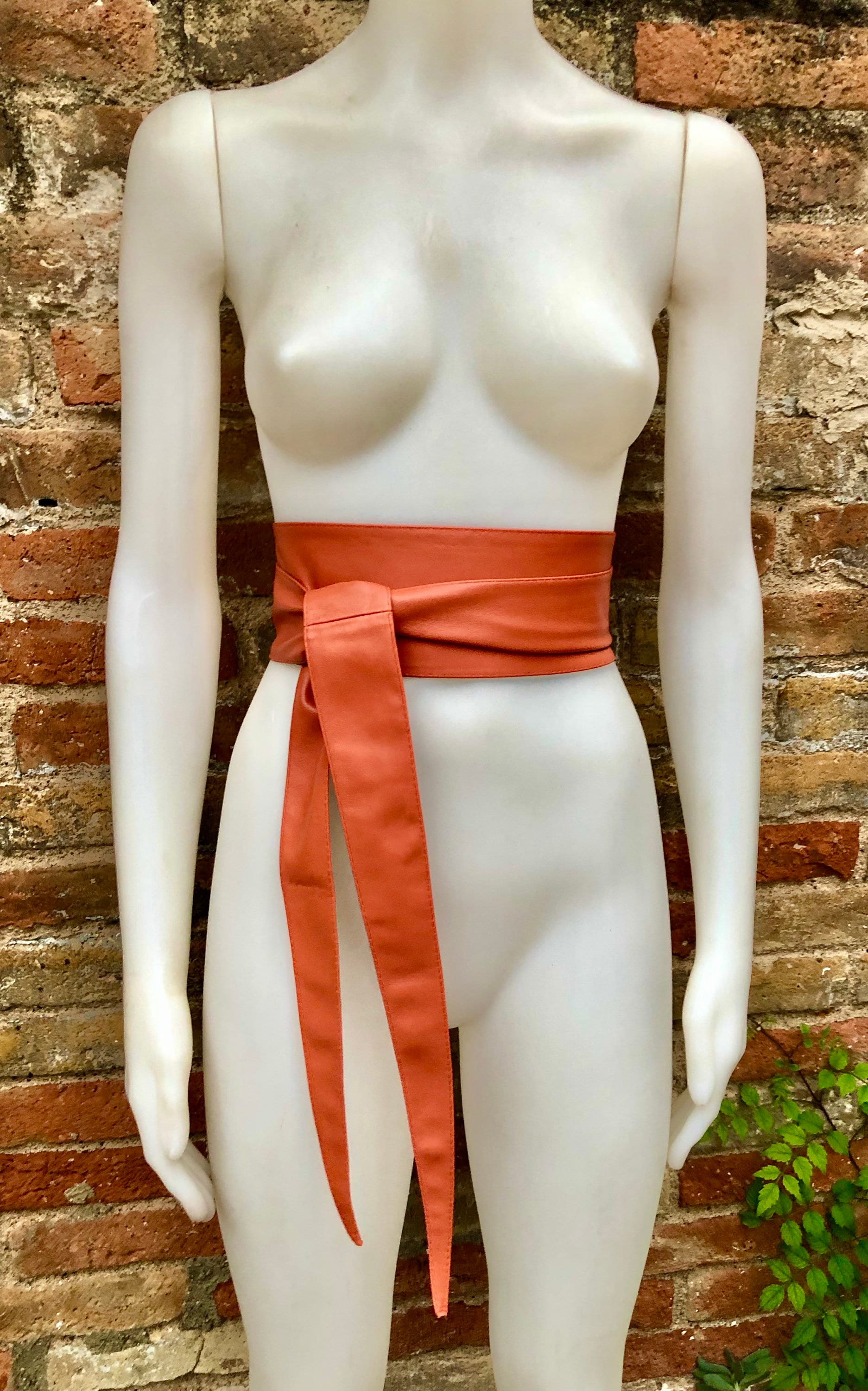 Orange obi belt. Wrap belt in soft genuine leather. Wraparound waist belt. Wide style. Boho dress belt in orange leather. Orange dress belt