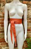 Orange obi belt. Wrap belt in soft genuine leather. Wraparound waist belt. Wide style. Boho dress belt in orange leather. Orange dress belt