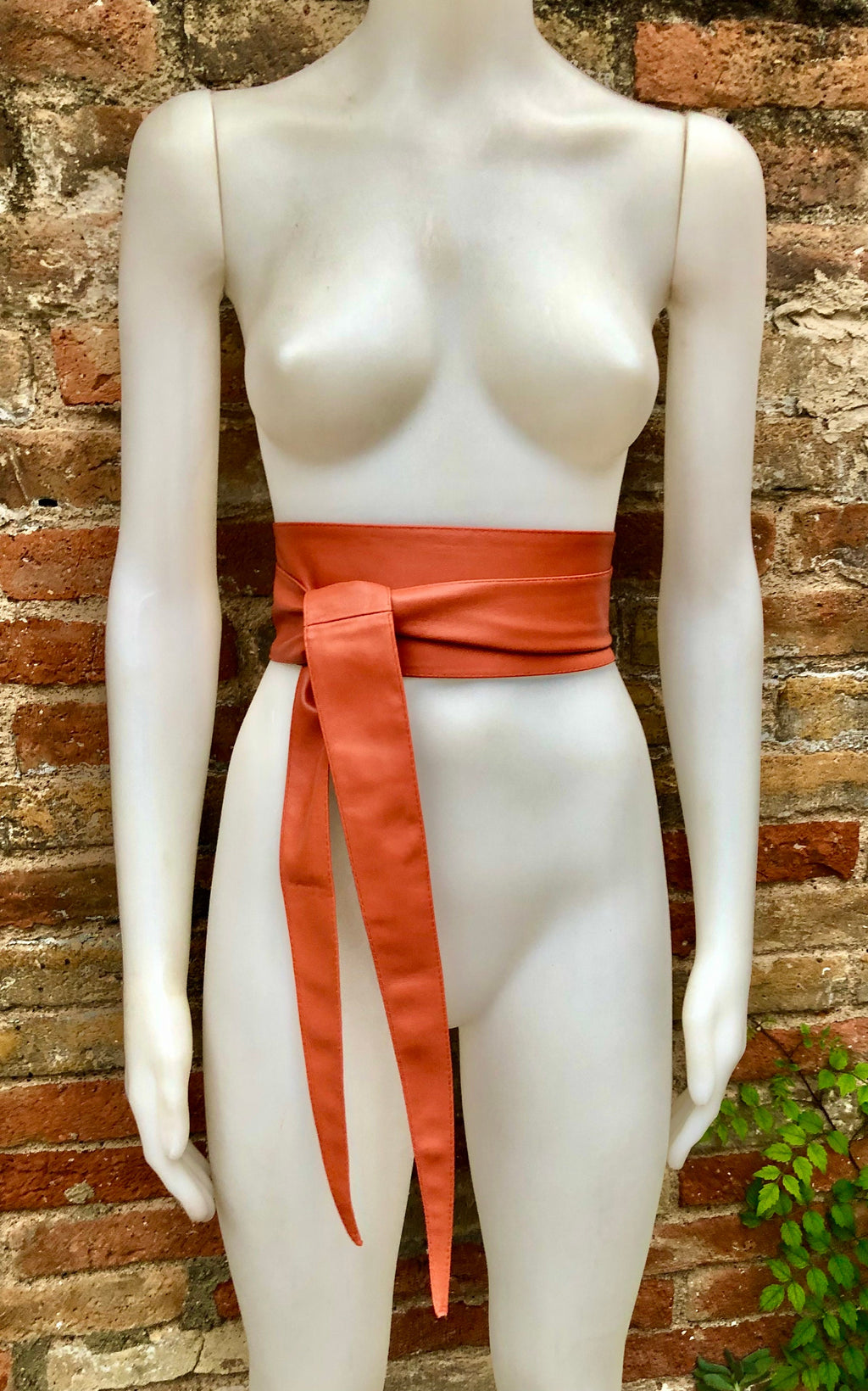 Orange obi belt. Wrap belt in soft genuine leather. Wraparound waist belt. Wide style. Boho dress belt in orange leather. Orange dress belt