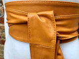 Light camel orange obi belt. Wrap belt in soft genuine leather. Wraparound waist belt. Wide style. Boho dress belt in light orange leather