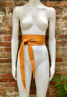 Light camel orange obi belt. Wrap belt in soft genuine leather. Wraparound waist belt. Wide style. Boho dress belt in light orange leather