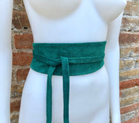 Dark teal green suede OBI belt, SASH in natural soft suede, green wrap waist belt. Wraparound soft obi belt. Very dark turquoise green.