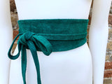 Dark teal green suede OBI belt, SASH in natural soft suede, green wrap waist belt. Wraparound soft obi belt. Very dark turquoise green.