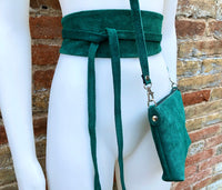 Small suede bag in teal GREEN with matching belt. Cross body bag + wrap belt set in soft genuine suede leather. Adjustable strap + zipper