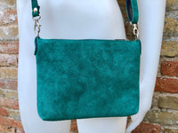 Small suede bag in teal GREEN with matching belt. Cross body bag + wrap belt set in soft genuine suede leather. Adjustable strap + zipper