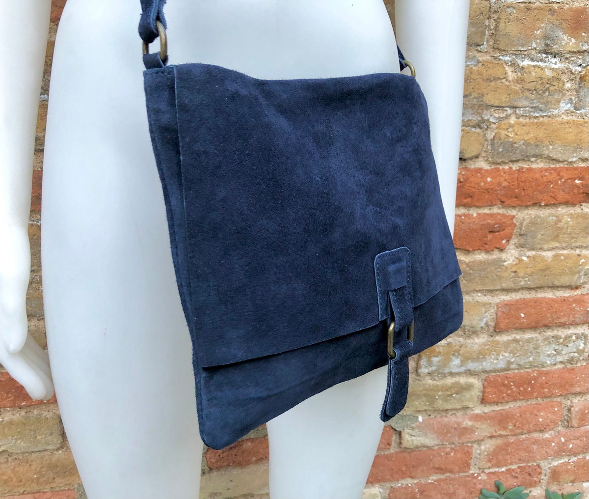 SECONDS. Navy blue + burgundy suede messenger leather bags. 2 cross body / shoulder bags. Soft genuine leather purses with zipper + flap.