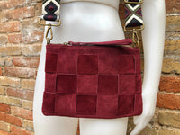 Burgundy leather bag. 2 straps: 1 embroidered guitar strap + 1 suede. Genuine leather cross body / shoulder bag. Small wine red suede purse