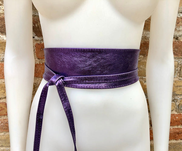 PURPLE leather OBI belt. Wide waist belt in soft genuine leather. Metallic shine wraparound belt, boho dress belt in silver color leather.