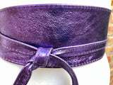 PURPLE leather OBI belt. Wide waist belt in soft genuine leather. Metallic shine wraparound belt, boho dress belt in silver color leather.