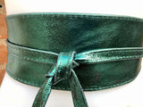 GREEN leather OBI belt. Wide waist belt in soft genuine leather. Metallic shine wraparound belt, boho dress belt in silver color leather.