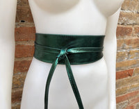 GREEN leather OBI belt. Wide waist belt in soft genuine leather. Metallic shine wraparound belt, boho dress belt in silver color leather.