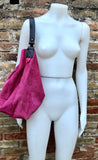 FUCHSIA Slouch leather bag, 2 straps: 1 leather + 1 guitar strap. Hot pink hobo bag. Soft genuine suede leather shopper. Book, tablet bag.