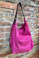 FUCHSIA Slouch leather bag, 2 straps: 1 leather + 1 guitar strap. Hot pink hobo bag. Soft genuine suede leather shopper. Book, tablet bag.