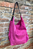 FUCHSIA Slouch leather bag, 2 straps: 1 leather + 1 guitar strap. Hot pink hobo bag. Soft genuine suede leather shopper. Book, tablet bag.