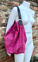 FUCHSIA Slouch leather bag, 2 straps: 1 leather + 1 guitar strap. Hot pink hobo bag. Soft genuine suede leather shopper. Book, tablet bag.