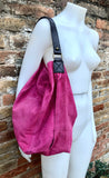 FUCHSIA Slouch leather bag, 2 straps: 1 leather + 1 guitar strap. Hot pink hobo bag. Soft genuine suede leather shopper. Book, tablet bag.