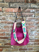 FUCHSIA Slouch leather bag, 2 straps: 1 leather + 1 guitar strap. Hot pink hobo bag. Soft genuine suede leather shopper. Book, tablet bag.