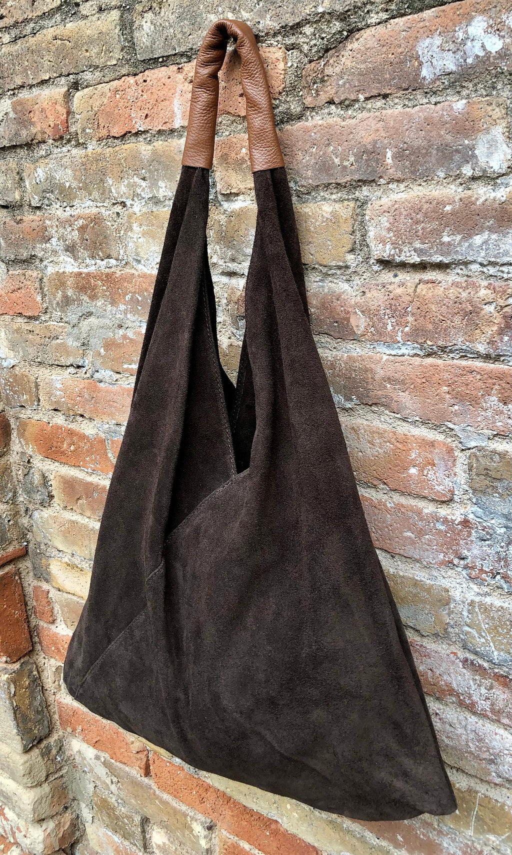 Slouch leather bag in dark brown suede. Genuine leather shoulder bag. Origami bag + camel brown leather accent. Large shopper. Brown purse