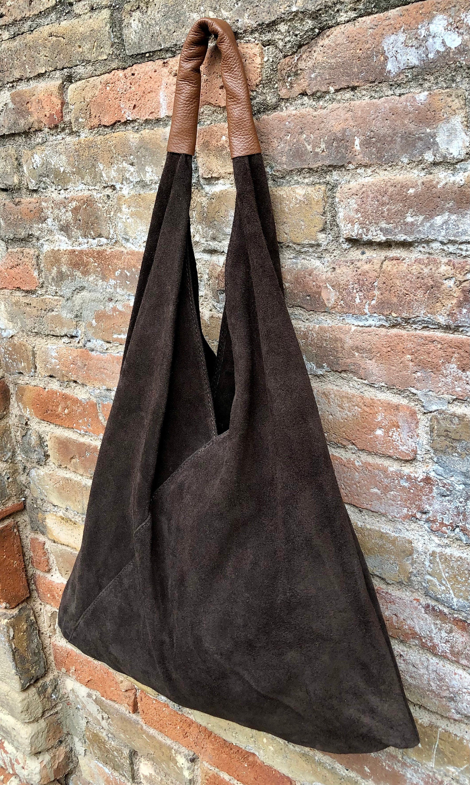 Slouch leather bag in dark brown suede. Genuine leather shoulder bag. Origami bag + camel brown leather accent. Large shopper. Brown purse