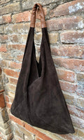 Slouch leather bag in dark brown suede. Genuine leather shoulder bag. Origami bag + camel brown leather accent. Large shopper. Brown purse