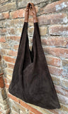 Slouch leather bag in dark brown suede. Genuine leather shoulder bag. Origami bag + camel brown leather accent. Large shopper. Brown purse