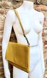 YELLOW genuine leather bag. Cross body / shoulder bag with adjustable strap, zipper and flap. Medium leather messenger. Mustard yellow purse