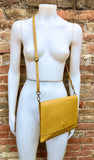 YELLOW genuine leather bag. Cross body / shoulder bag with adjustable strap, zipper and flap. Medium leather messenger. Mustard yellow purse