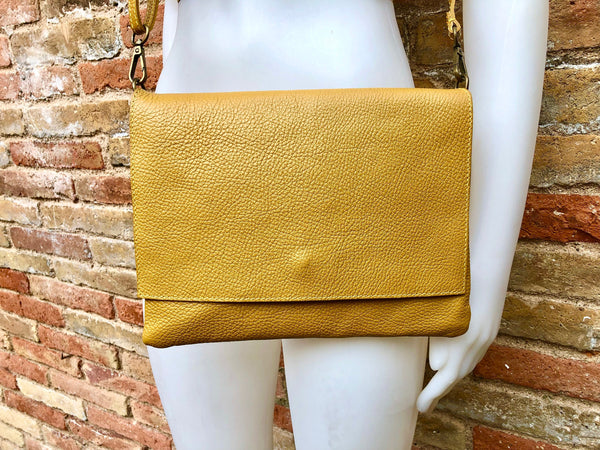 YELLOW genuine leather bag. Cross body / shoulder bag with adjustable strap, zipper and flap. Medium leather messenger. Mustard yellow purse