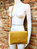 YELLOW genuine leather bag. Cross body / shoulder bag with adjustable strap, zipper and flap. Medium leather messenger. Mustard yellow purse