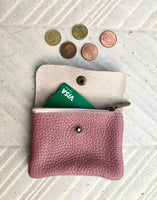 Small coin purse in genuine leather with 3 pockets, zipper and flap. Fits credit cards, coins, bills. Retro style soft leather wallet.