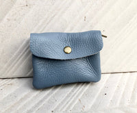 Small coin purse in genuine leather with 3 pockets, zipper and flap. Fits credit cards, coins, bills. Retro style soft leather wallet.