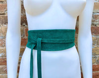 Dark teal green suede OBI belt, SASH in natural soft suede, green wrap waist belt. Wraparound soft obi belt. Very dark turquoise green.